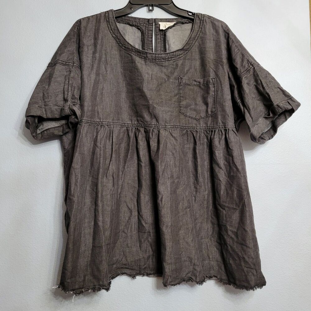 Andree by Unit Babydoll Top L Gray Peplum Tunic Raw Hem Boho Lagenlook Mori Girl